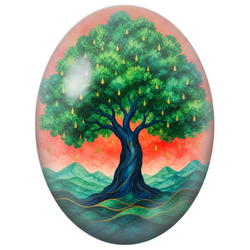 Cabochon en Verre Illustré Arbre aux Gouttes Dorées 13x18, 18x25 ou 30x40mm