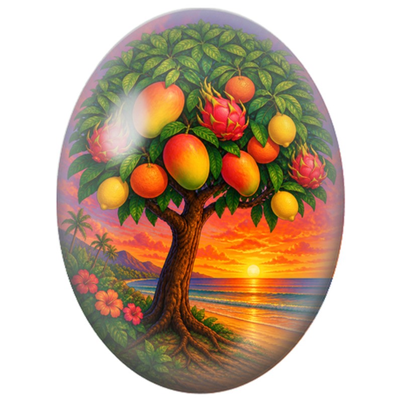 Cabochon en Verre Illustré Arbre Tropical aux Fruits 13x18, 18x25 ou 30x40mm