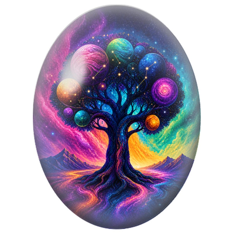 Cabochon en Verre Illustré Arbre Cosmique aux Planètes 13x18, 18x25 ou 30x40mm