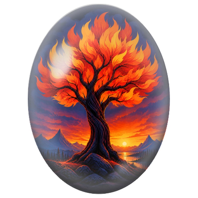 Cabochon en Verre Illustré Arbre Flamboyant au Crépuscule 13x18, 18x25 ou 30x40mm