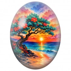 Cabochon en Verre Illustré Arbre Fleuri Face à la Mer 13x18, 18x25 ou 30x40mm pour la Création de Bijoux Fantaisie - DIY