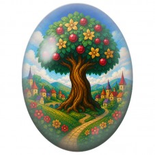 Cabochon en Verre Illustré Arbre aux Fruits Rouges du Village 13x18, 18x25 ou 30x40mm pour la Création de Bijoux Fantaisie - DIY