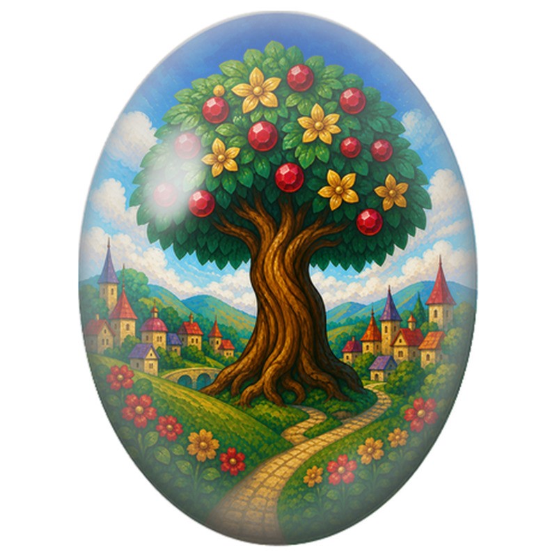 Cabochon en Verre Illustré Arbre aux Fruits Rouges du Village 13x18, 18x25 ou 30x40mm