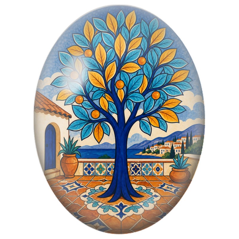 Cabochon en Verre Illustré Arbre Bleu aux Fruits d'Or 13x18, 18x25 ou 30x40mm