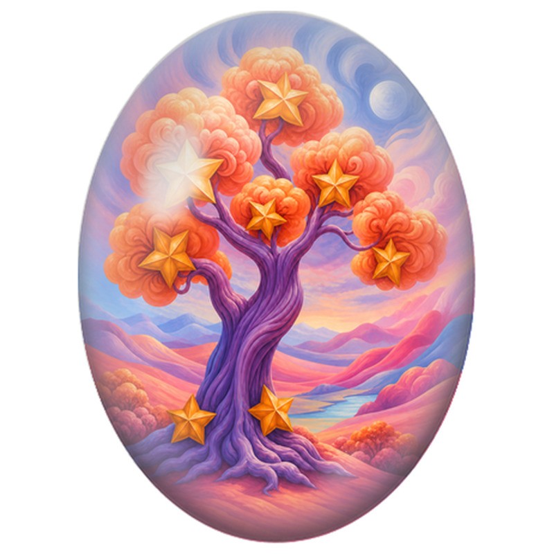 Cabochon en Verre Illustré Arbre Violet aux Étoiles Dorées 13x18, 18x25 ou 30x40mm