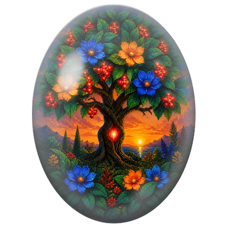 Cabochon en Verre Illustré Arbre Fleuri au Cœur Lumineux 13x18, 18x25 ou 30x40mm