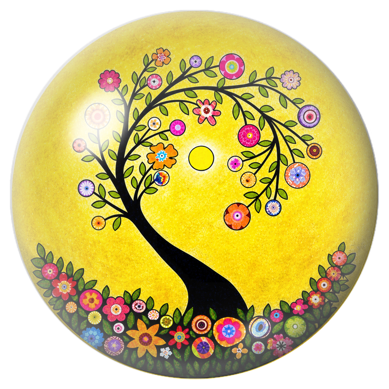 Cabochon en Verre Illustré Arbre Fleuri sur Fond Jaune 12 à 25mm