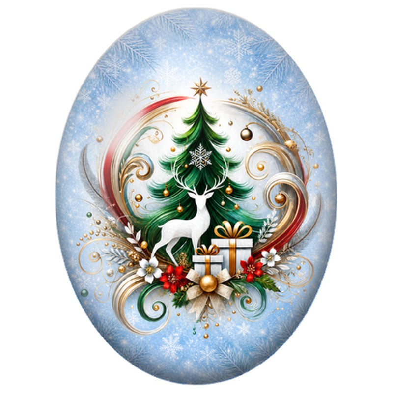 Cabochon en Verre Illustré Sapin de Noël au Cerf Blanc 13x18, 18x25 ou 30x40mm