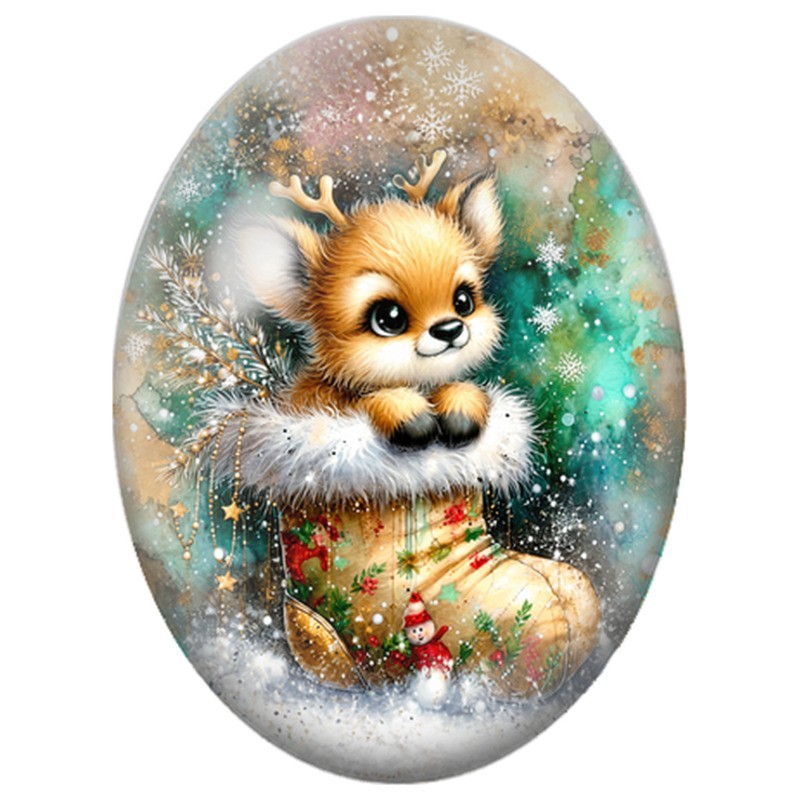 Cabochon en Verre Illustré Petit Renne sur une Botte de Noël 13x18, 18x25 ou 30x40mm