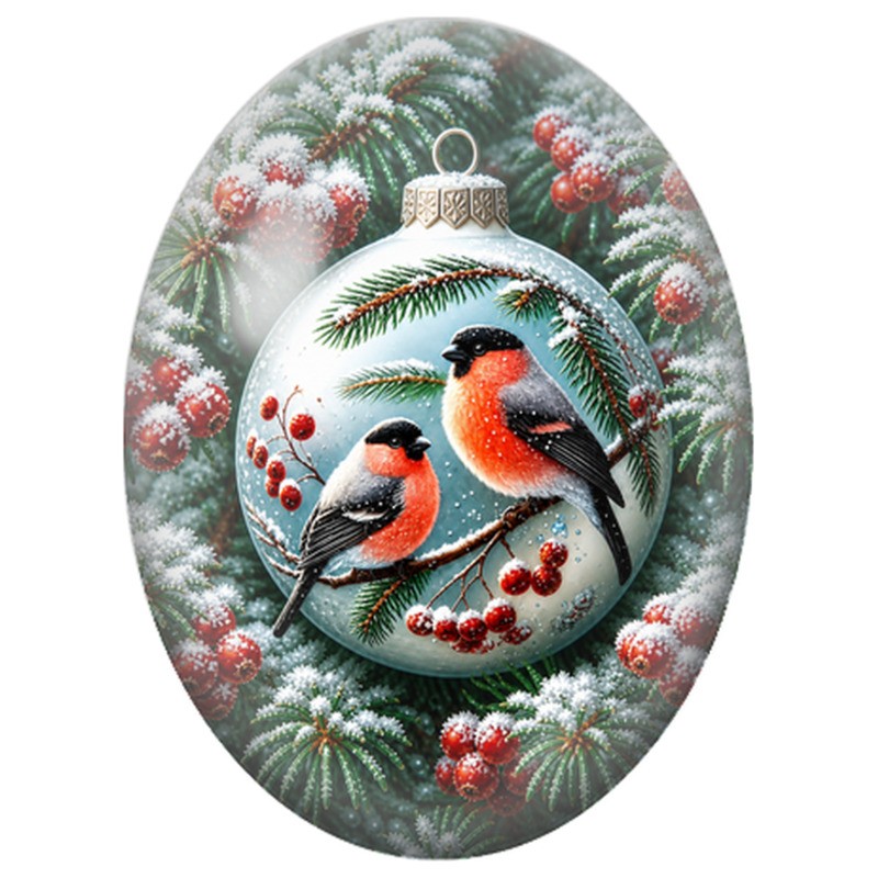 Cabochon en Verre Illustré Deux Bouvreuils dans une Boule de Noël 13x18, 18x25 ou 30x40mm