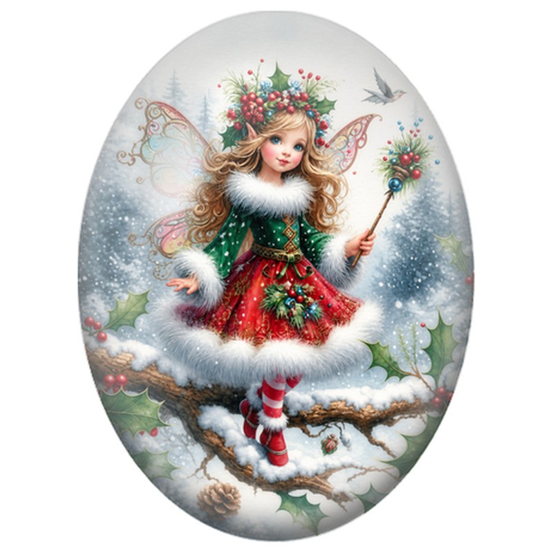 Cabochon en Verre Illustré Fée de Noël sur une Branche Enneigée 13x18, 18x25 ou 30x40mm