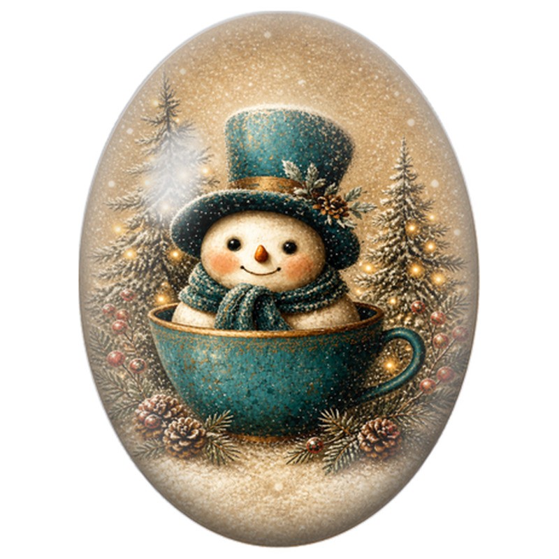 Cabochon en Verre Illustré Bonhomme de Neige dans une Tasse Bleue 13x18, 18x25 ou 30x40mm