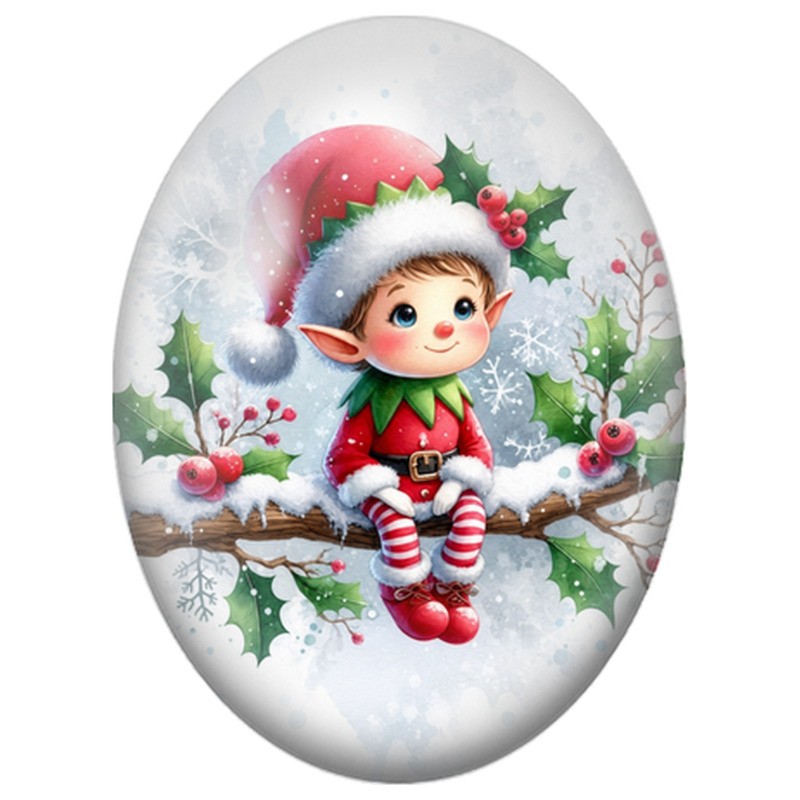 Cabochon en Verre Illustré Petit Elfe de Noël sur une Branche 13x18, 18x25 ou 30x40mm