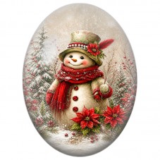 Cabochon en Verre Illustré Bonhomme de Neige aux Poinsettias Rouges 13x18, 18x25 ou 30x40mm pour la Création de Bijoux Fantaisie