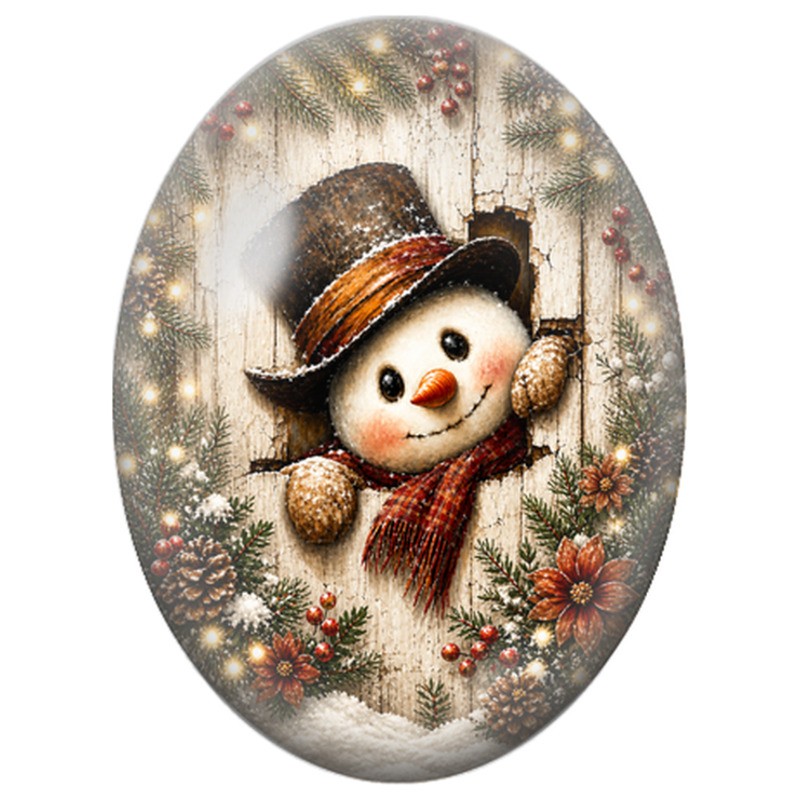 Cabochon en Verre Illustré Bonhomme de Neige à la Fenêtre de Bois 13x18, 18x25 ou 30x40mm