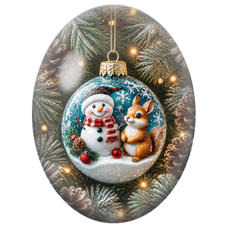 Cabochon en Verre Illustré Bonhomme de Neige et Écureuil dans une Boule de Noël 13x18, 18x25 ou 30x40mm