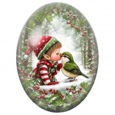 Cabochon en Verre Illustré Enfant de Noël Embrassant un Oiseau Vert 13x18, 18x25 ou 30x40mm pour la Création de Bijoux Fantaisie