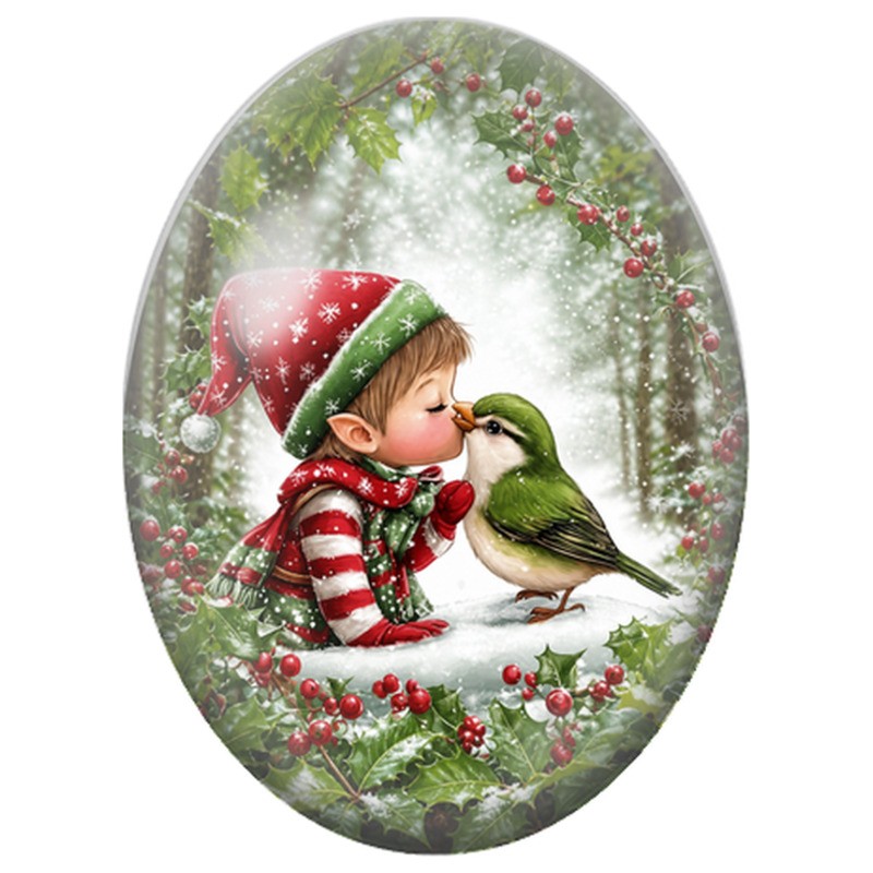 Cabochon en Verre Illustré Petit Elfe Embrassant un Oiseau Vert 13x18, 18x25 ou 30x40mm