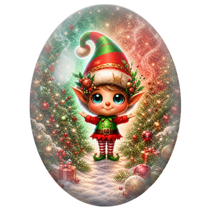 Cabochon en Verre Illustré Elfe Joyeux parmi les Sapins Illuminés 13x18, 18x25 ou 30x40mm