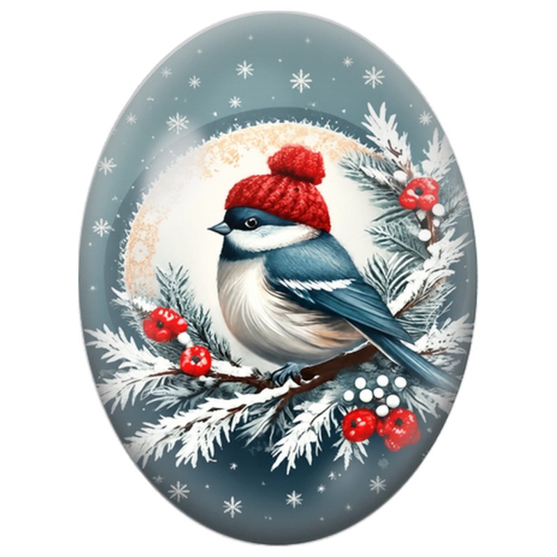 Cabochon en Verre Illustré Mésange au Bonnet Rouge sur une Branche Enneigée 13x18, 18x25 ou 30x40mm