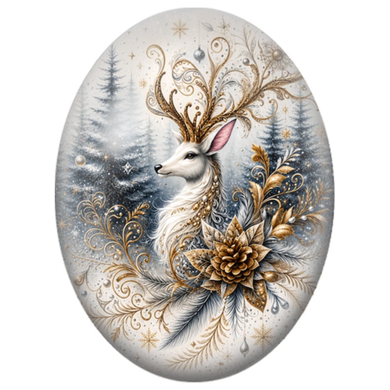 Cabochon en Verre Illustré Renne Blanc aux Ramures d’Or 13x18, 18x25 ou 30x40mm