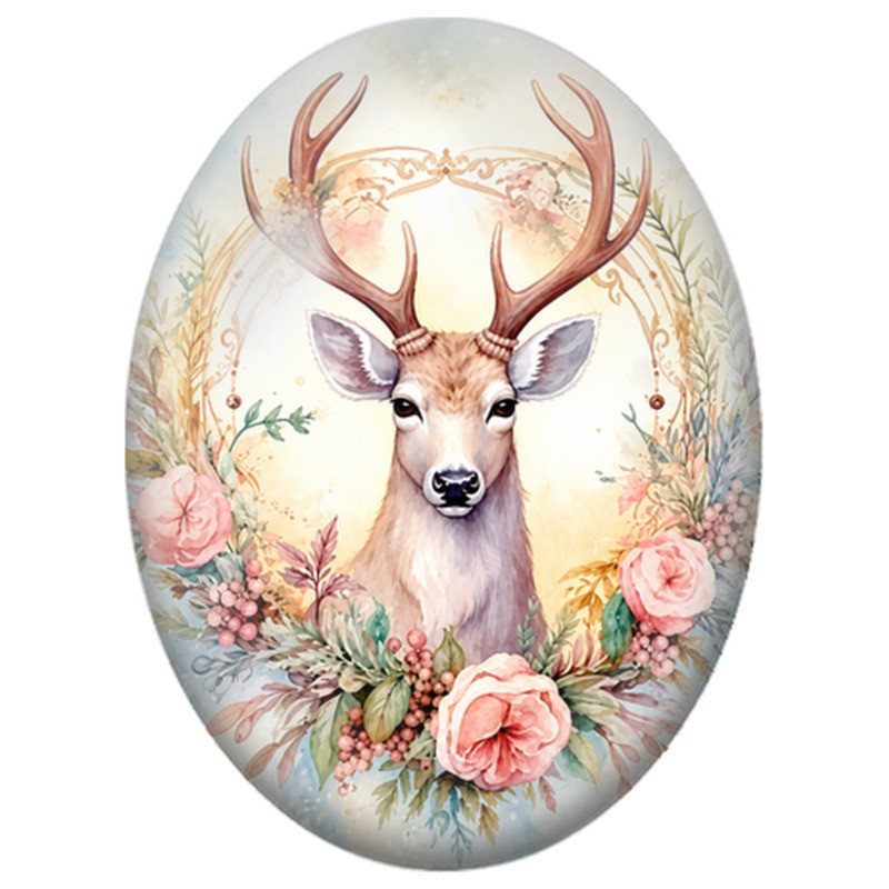 Cabochon en Verre Illustré Cerf aux Roses de Noël 13x18, 18x25 ou 30x40mm