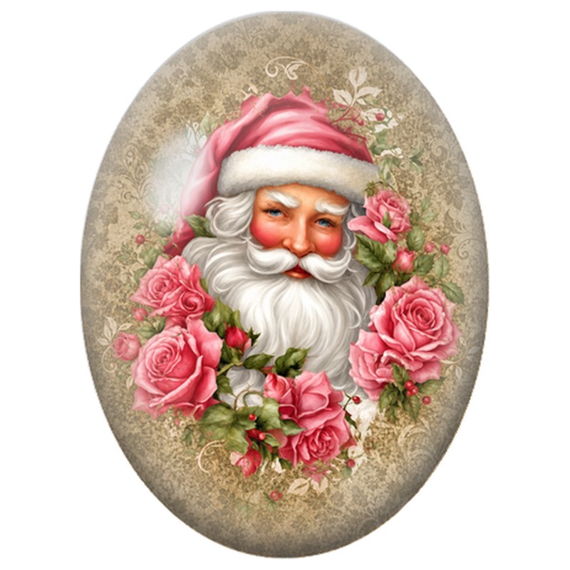 Cabochon en Verre Illustré Père Noël Entouré de Roses Roses 13x18, 18x25 ou 30x40mm