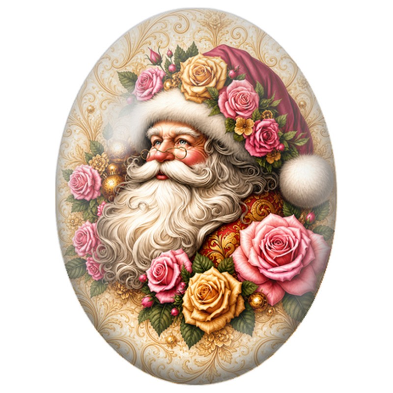 Cabochon en Verre Illustré Père Noël aux Roses Roses et Dorées 13x18, 18x25 ou 30x40mm