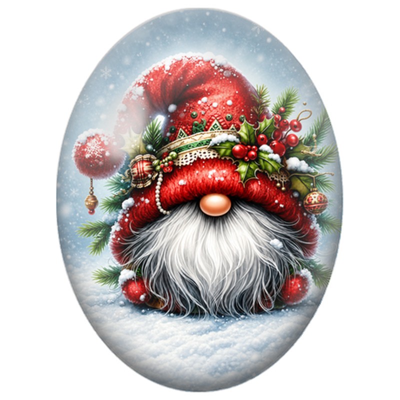 Cabochon en Verre Illustré Lutin de Noël au Grand Bonnet Rouge 13x18, 18x25 ou 30x40mm