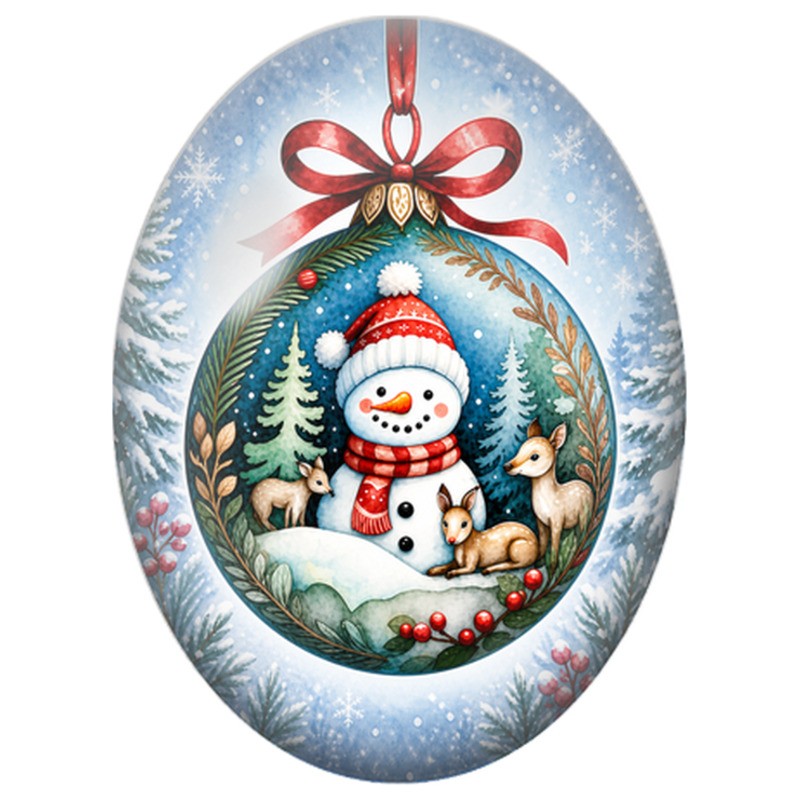 Cabochon en Verre Illustré Bonhomme de Neige et Faons dans une Boule de Noël 13x18, 18x25 ou 30x40mm
