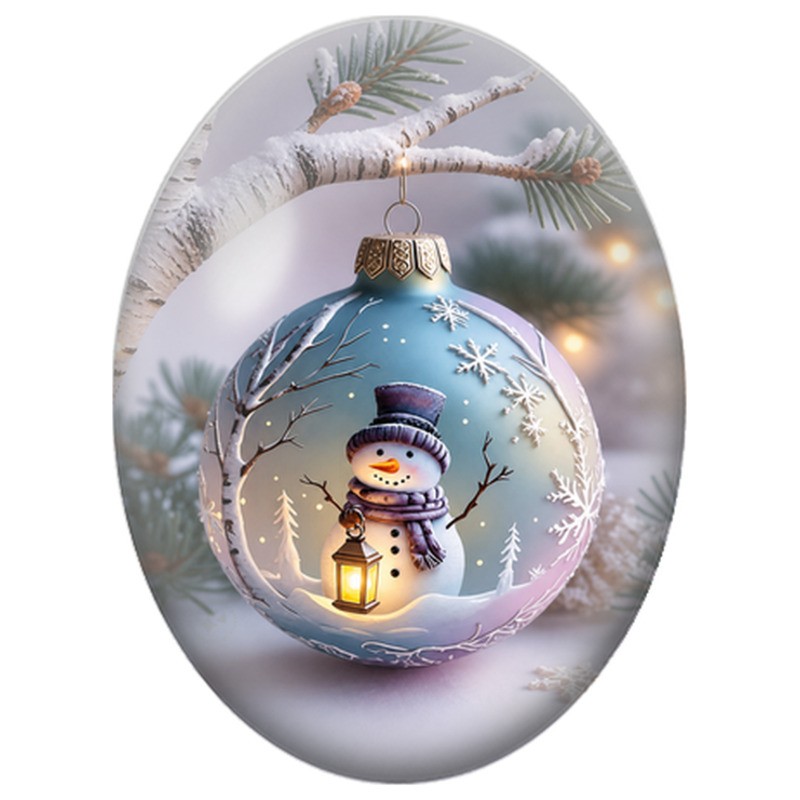 Cabochon en Verre Illustré Bonhomme de Neige à la Lanterne dans une Boule 13x18, 18x25 ou 30x40mm