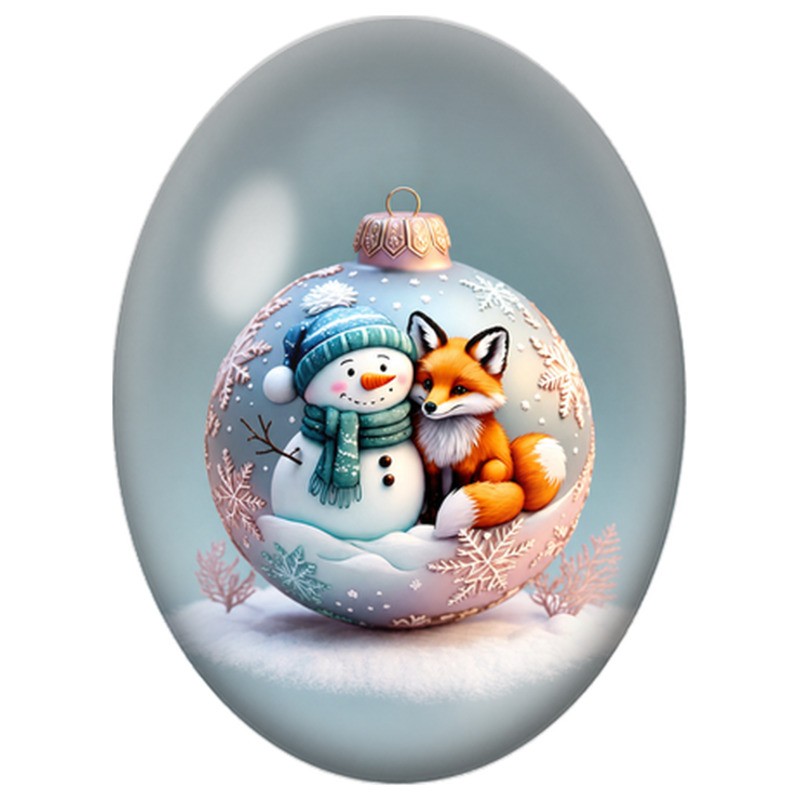 Cabochon en Verre Illustré Bonhomme de Neige et Renard dans une Boule 13x18, 18x25 ou 30x40mm