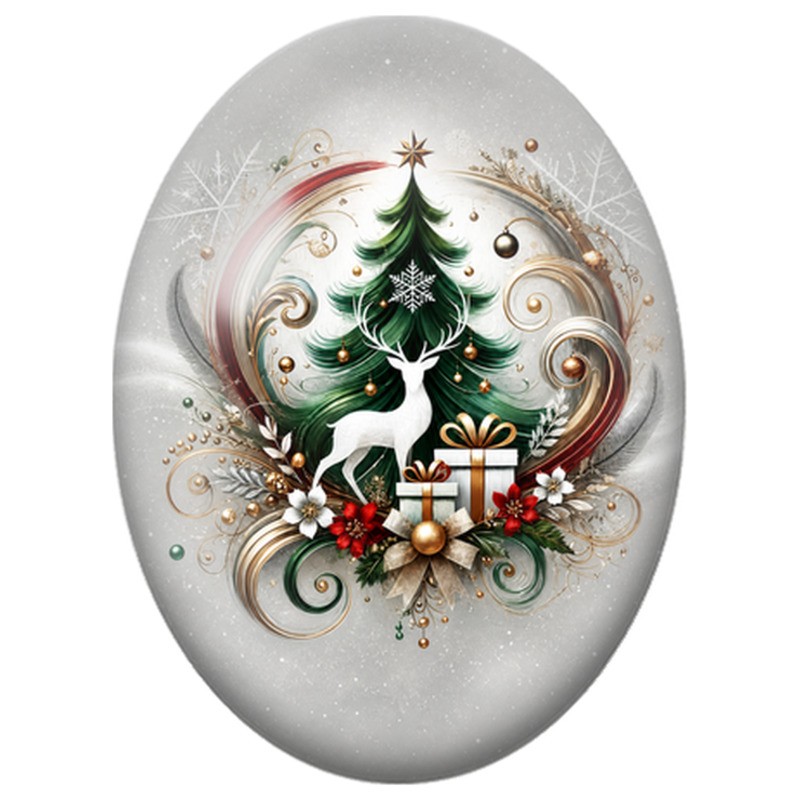 Cabochon en Verre Illustré Sapin de Noël au Cerf Blanc et aux Cadeaux 13x18, 18x25 ou 30x40mm