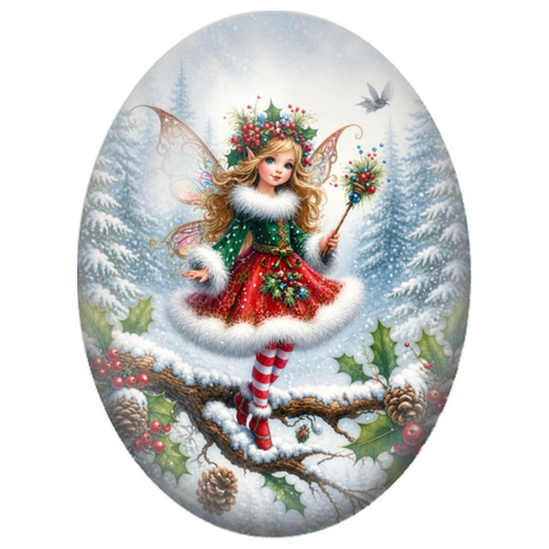 Cabochon en Verre Illustré Fée de Noël à la Baguette Fleurie 13x18, 18x25 ou 30x40mm