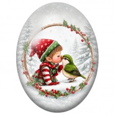 Cabochon en Verre Illustré Enfant et Oiseau dans une Couronne de Houx 13x18, 18x25 ou 30x40mm pour la Création de Bijoux Fantais