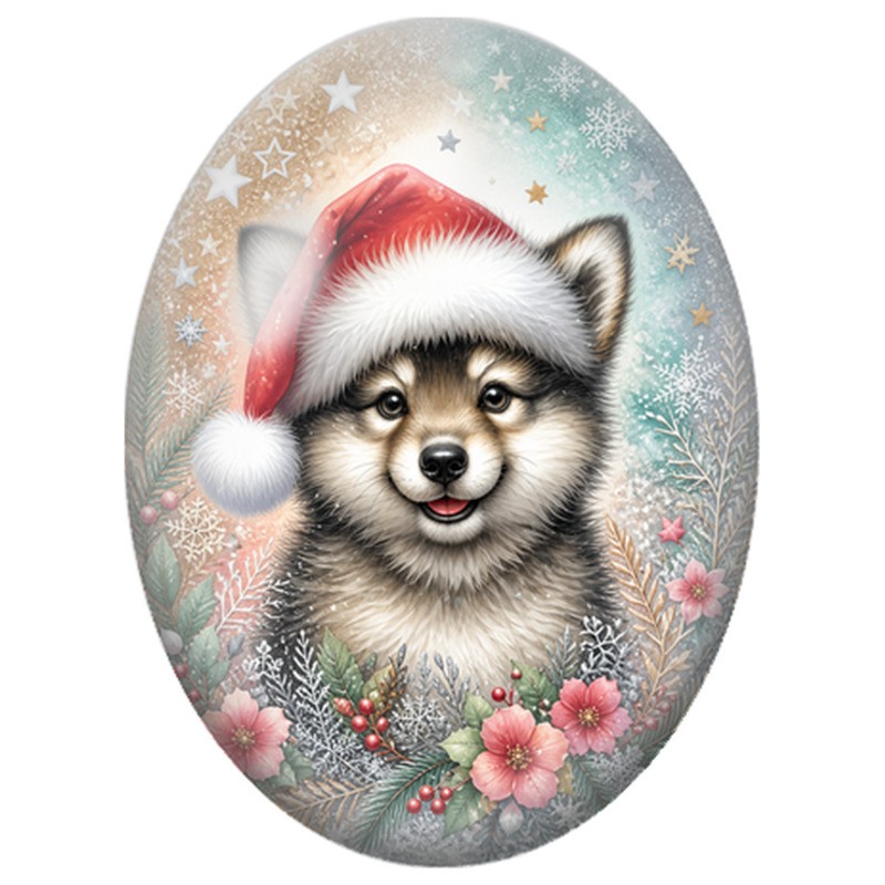 Cabochon en Verre Illustré Chiot Husky au Bonnet Rouge parmi les Fleurs 13x18, 18x25 ou 30x40mm