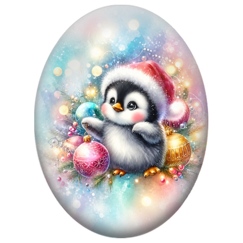 Cabochon en Verre Illustré Petit Pingouin parmi les Boules de Noël 13x18, 18x25 ou 30x40mm
