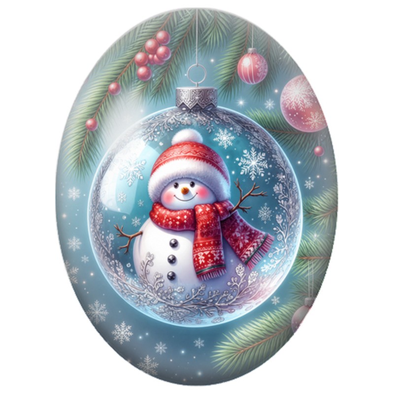 Cabochon en Verre Illustré Bonhomme de Neige dans une Boule aux Motifs Argentés 13x18, 18x25 ou 30x40mm