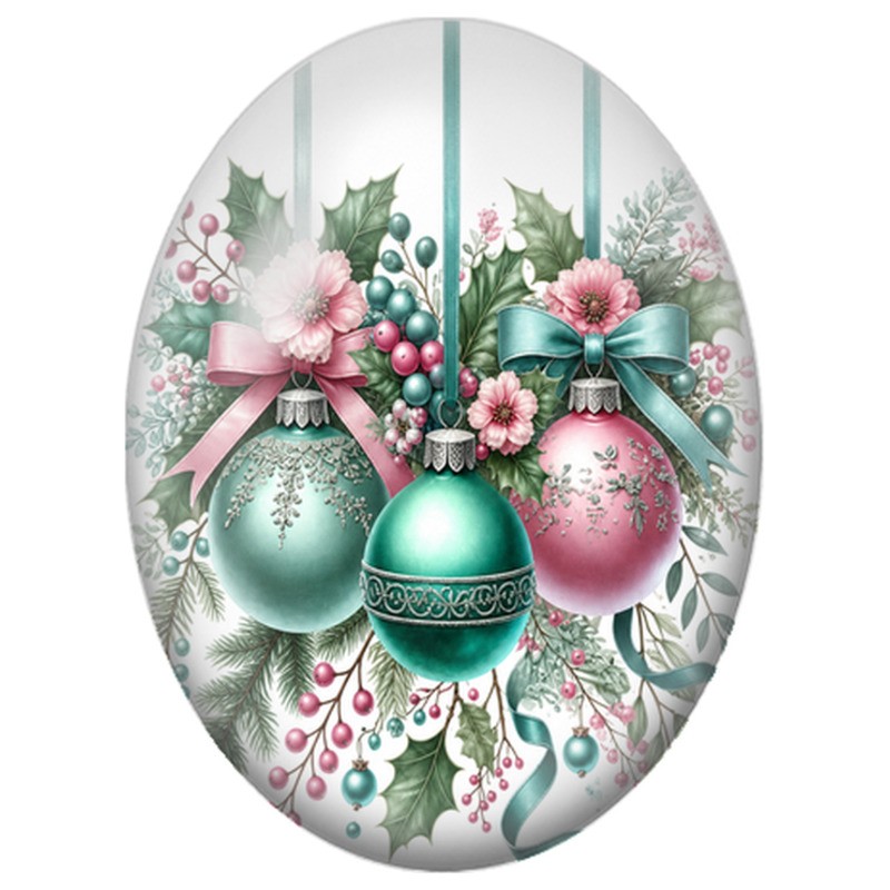 Cabochon en Verre Illustré Trois Boules de Noël aux Fleurs Pastel 13x18, 18x25 ou 30x40mm