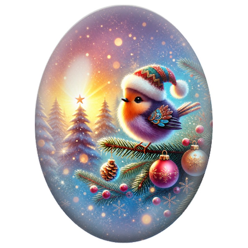 Cabochon en Verre Illustré Petit Oiseau de Noël aux Boules Roses 13x18, 18x25 ou 30x40mm
