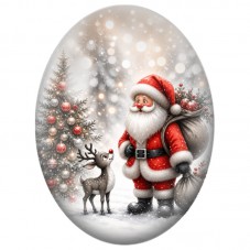 Cabochon en Verre Illustré Père Noël avec son Renne sous la Neige 13x18, 18x25 ou 30x40mm pour la Création de Bijoux Fantaisie D