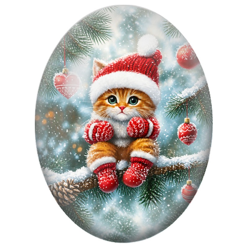 Cabochon en Verre Illustré Chaton de Noël aux Boules Rouges 13x18, 18x25 ou 30x40mm