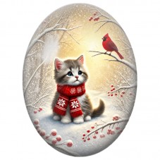 Cabochon en Verre Illustré Chaton et Oiseau Rouge sur une Branche 13x18, 18x25 ou 30x40mm pour la Création de Bijoux Fantaisie D