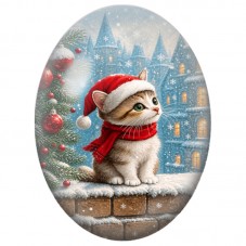 Cabochon en Verre Illustré Chaton au Bonnet sur un Toit Enneigé 13x18, 18x25 ou 30x40mm pour la Création de Bijoux Fantaisie DIY