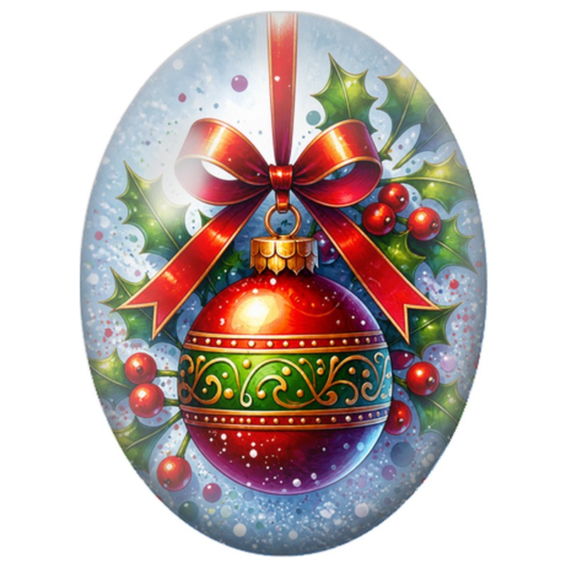 Cabochon en Verre Illustré Boule de Noël Rouge et Verte au Nœud Brillant 13x18, 18x25 ou 30x40mm