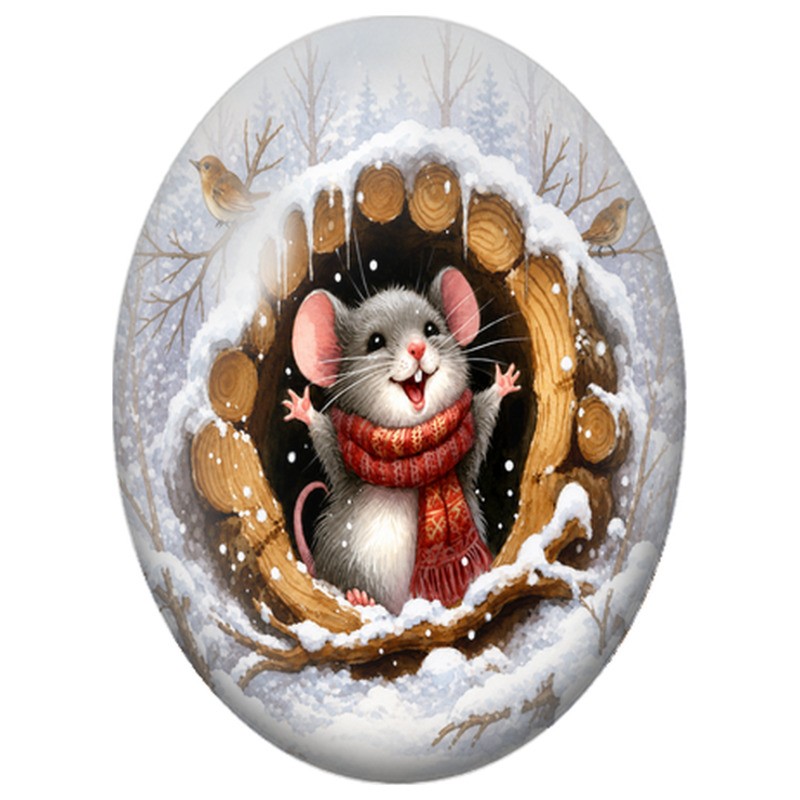 Cabochon en Verre Illustré Souris dans un Tronc enneigé 13x18, 18x25 ou 30x40mm