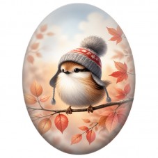 Cabochon en Verre Illustré Oiseau au Bonnet Rayé parmi les Feuilles d’Automne 13x18, 18x25 ou 30x40mm pour la Création de Bijoux