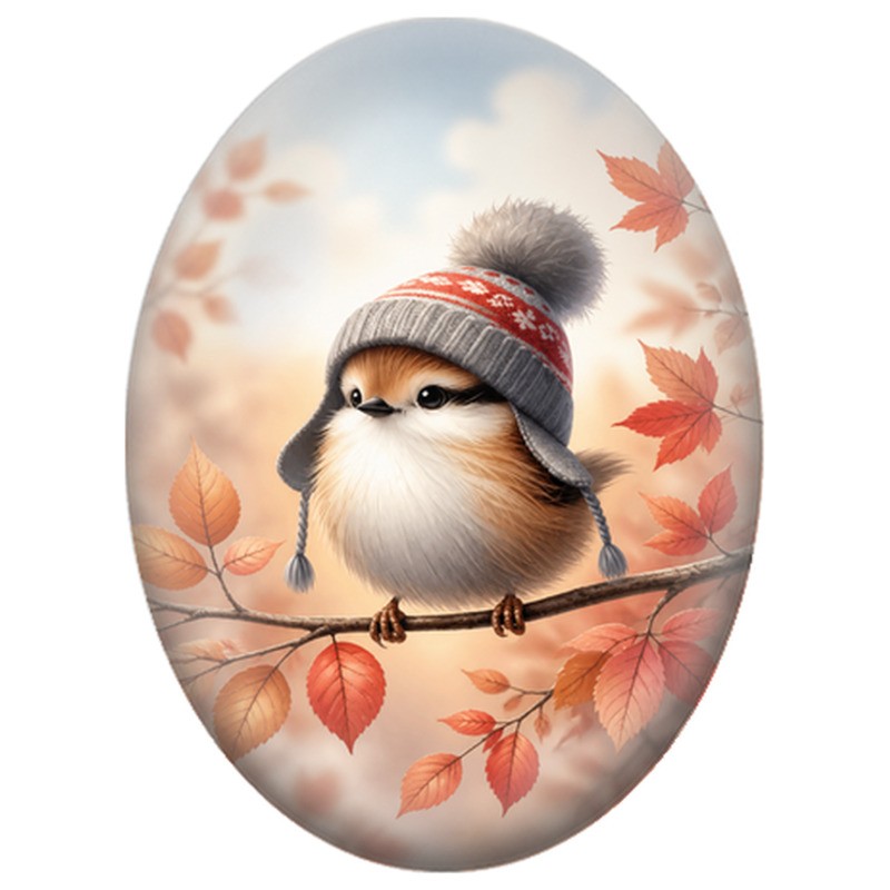 Cabochon en Verre Illustré Petit Oiseau au Bonnet dans les Feuilles d’Automne 13x18, 18x25 ou 30x40mm