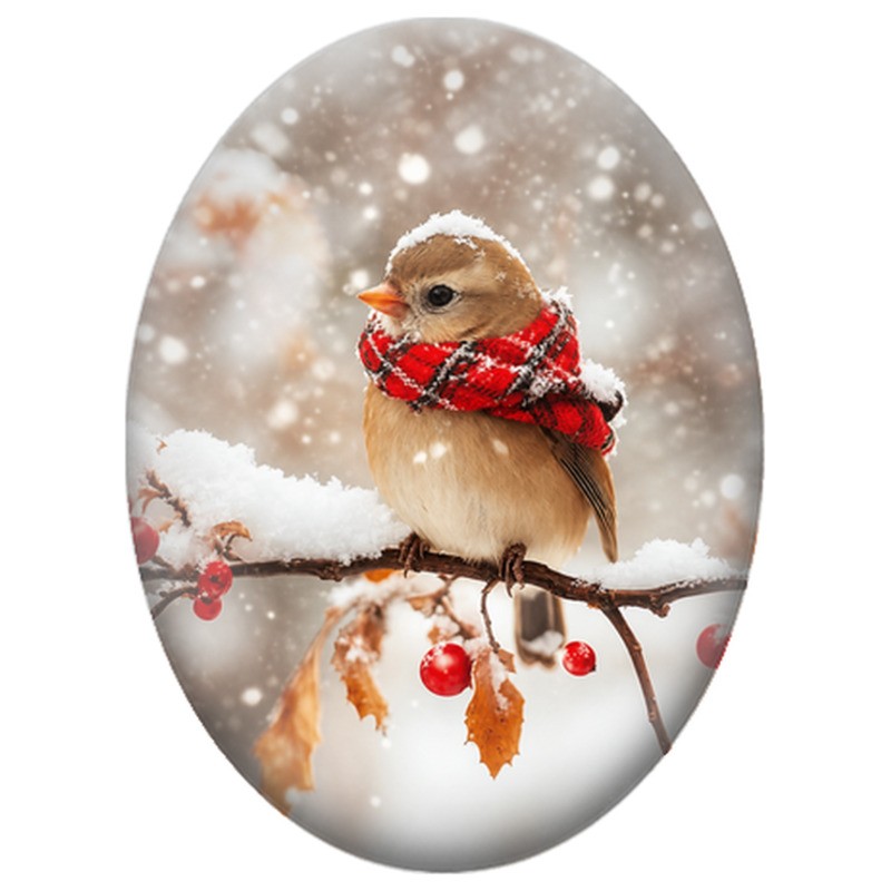 Cabochon en Verre Illustré Oiseau au Foulard Rouge sous la Neige 13x18, 18x25 ou 30x40mm