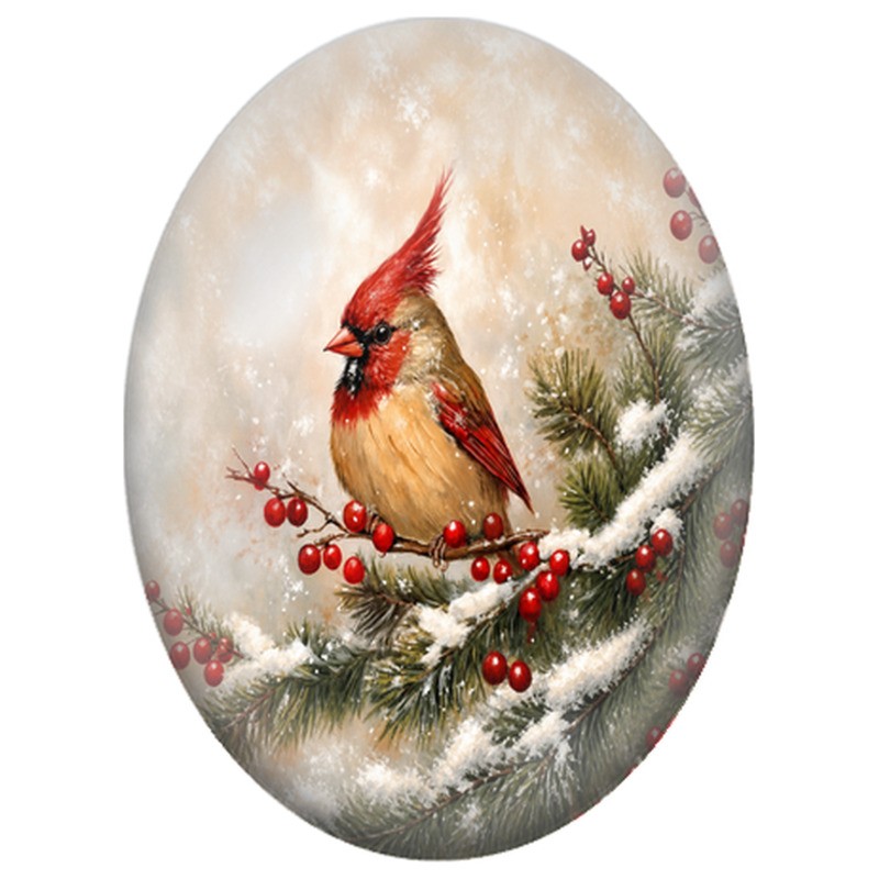 Cabochon en Verre Illustré Cardinal parmi les Branches de Sapin 13x18, 18x25 ou 30x40mm